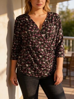 Liz Claiborne Black Purple Faux Wrap Floral Blouse XL